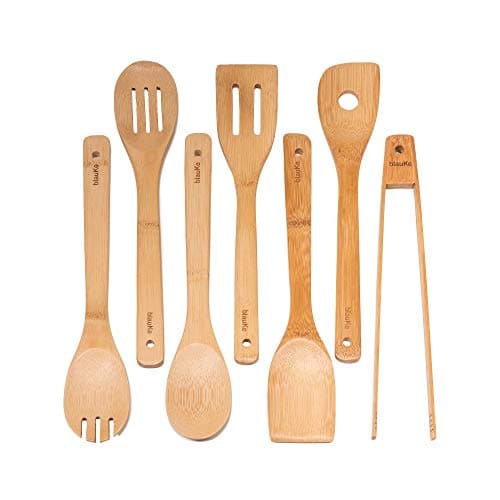 Image of BlauKe® Wooden Kitchen Utensils Set of 7 – Bamboo Cooking Utensils for Non-Stick Cookware – Wooden Spatulas for Cooking, Wooden Spoons, Tongs