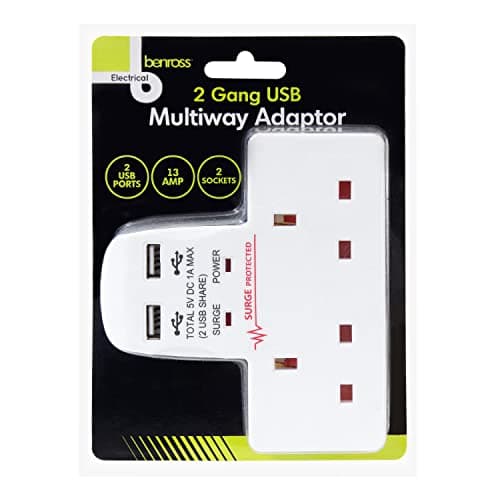 Image of Benross 45600 Standard 2 Way Wall Adaptor Socket/Includes 2 USB Slots/Surge Protected / 1 Amp USB Charging Current/Compact & Lightweight Design/UK Plug Sockets