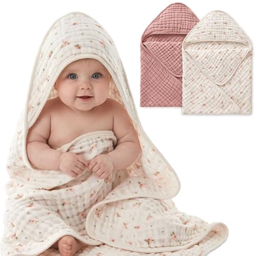 Image of Blissful Diary Muslin Baby Hooded Towel 2 Pack, Soft & Absorbent Bath Towel for Baby Girls, Infant Gift, Newborn Essentials, Pink Floral & Light Pink