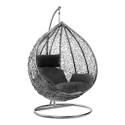 Image of Rattan Swing Egg Chair Garden Swing Chair Patio Hanging Chair Indoor/Outdoor Hanging Hammock with Cushion (black chair-black)