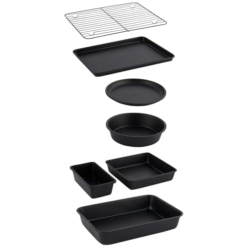 Image of Salter Bakes Stackable 7 Piece Bakeware Set – Non-Stick with Baking Tray, Cake Tin, Tart Tin, Loaf Pan, Brownie Pan, Roasting Tin, Cooling Rack, Compact Storage, PFOA-Free, Oven Safe, Black