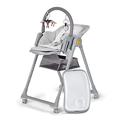 Image of Kinderkraft LASTREE Evolutionary Wooden Folding Baby Highchair, Baby Hammock with Arch 2 Toys, Adjustable Footrest Seat, Lying Position, Grey