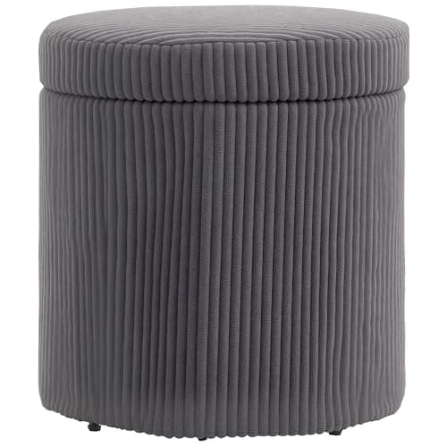 Image of HOMCOM 40cm Round Storage Ottoman, Corduroy Footstool with Removable Lid and Legs, Vanity Stool for Living Room, Bedroom, Grey
