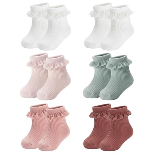 Image of HDFHDF 6 Pairs Socks Kids Baby Girls Anti Slip Floor Spring and Autumn Cotton Learning to Walk Unsteadily Lace (UK, Age, 1 Year, 3 Years, White, Fresh Pink, Light green, Burgundy, Pink,White)