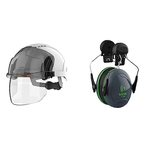 Image of JSP EVO VISTAshield Safety Helmet with Integrated Faceshield - Vented - White/Smoke & Sonis 1 Helmet Mounted Ear Defenders - SNR 26 - (AEB010-0CY-800), Grey/Green,One Size