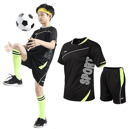 Image of Coralup Kids Sports Shorts Sets Football&Basketball Uniform Jerseys Tracksuit Training Suits Summer Beach Short Sleeve Set Black 6-7Years