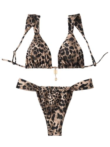Image of GORGLITTER Women's Leopard Print Swimsuits Tie Back Triangle Thong Bikini Set 2 Piece Swimwear Brown Small