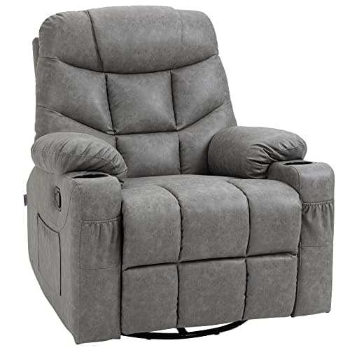 Image of HOMCOM Recliner Armchair, Swivel PU Leather Manual Reclining Chair with Adjustable Leg Rest, Drink Holders, Side Pockets, Rocker Chair for Home Living Room, Light Grey