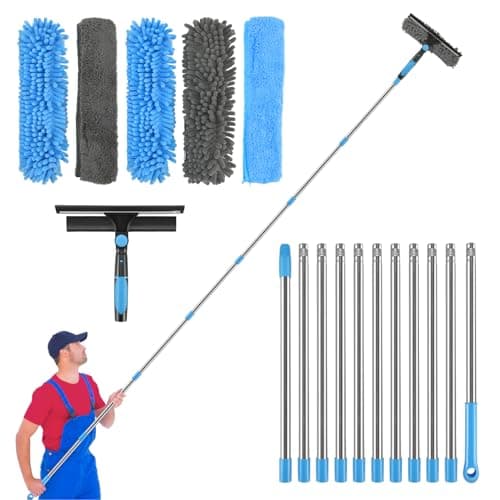 Image of Clickinline Window Cleaning Equipment, 5m Window Squeegee, Telescopic Window Cleaner, With Squeegee Brush and Scrubber Tool, 11 Pcs Adjustable Pole for Indoor/Outdoor High Window, Wall, Car (Blue)