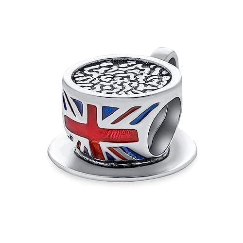 Image of Bling Jewelry Travel England Vacation British Flag Union Jack UK London Coffee Tea Cup Charm Bead For Women .925 Sterling Silver Fit European Bracelet
