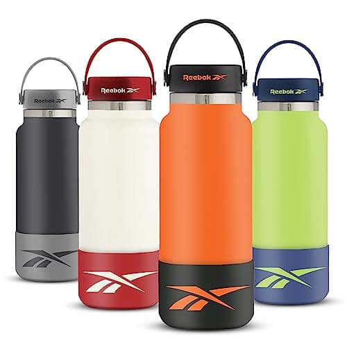 Image of Reebok Stainless Steel Wide Mouth Water Bottle With Flex Cap | Insulated Reusable Sports Travel Mug, BPA Free (Pack of 1, 32 oz, Orange/Black)