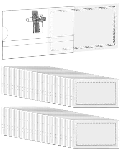 Image of QWORK® 100 Pack Clear Name Badges with Pin and Clip, 90mm x 56mm, 0.35mm Thickened PVC Plastic ID Holder Name Badge Holder