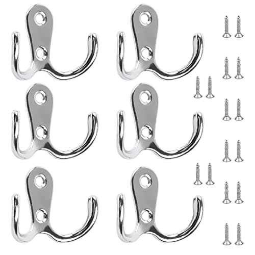 Image of Hiyouer 6 PCS Dual Coat Door Hooks, Double Prong Wall Mounted Hooks with 16 PCS Screws for Hanging Hat Tie Clothes Towel Metal Retro Cloth, Chrome Hanger for Bedroom Bathroom Kitchen,Silver