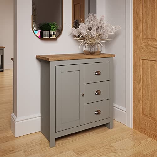 Image of Timber Art Design UK Lisbon 1 Door 3 Drawer Storage Cabinet Sideboard Grey for Modern Home, Living Room, Bedroom, Hallway in Oak Top and Grey Finish