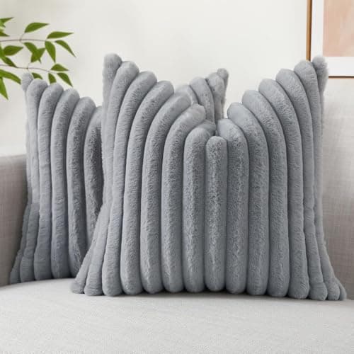 Image of decorUhome Faux Fur Cushion Covers 45x45 cm Set of 2, Decorative Soft Plush Striped Neutral Pillow case 18X18 Inch with Velvet Back for Sofa, Bed, Living Room Home Decor, Grey