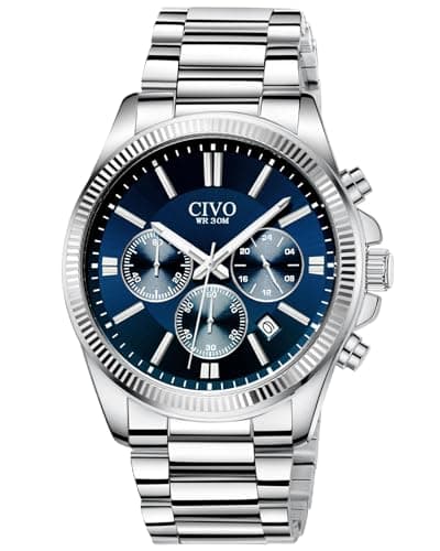 Image of CIVO Mens Watches Chronograph Stylish: Silver Stainless Steel Quartz Wrist Watch Waterproof Date - Blue Face Watches for Men Dress