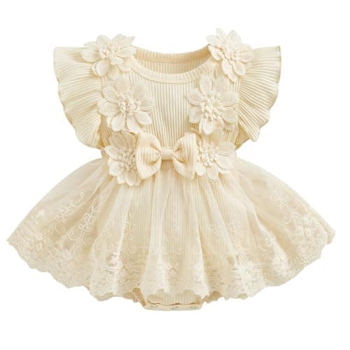 Image of imKutie Baby Girl Romper Dress, Newborn Infant Flower Lace Embroidery Ruffle Boho Princess Dresses Half 1st Birthday Gift Cake Smash Outfits Photoshoot Clothes 0-18 Months Apricot