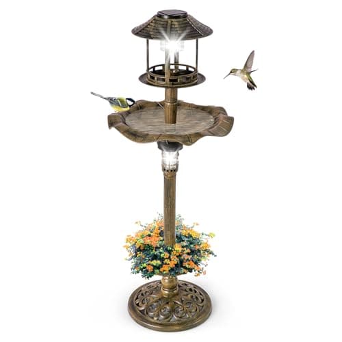 Image of COSTWAY Bird Feeder and Bath, 4 in 1 Outdoor Birds Table with Solar Lights, Flower Planter Base, Fillable Stand, Vintage Birds Feeding Station for Garden Yard Decoration (Antique Bronze)