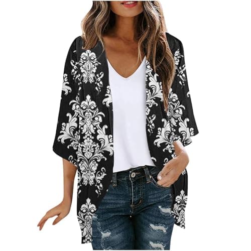 Image of Saxrel Black Cardigans for Women UK Chiffon 3/4 Sleeve Kimono Cardigan - Floral Print Loose Beach Cover Up Ladies Chiffon Boho Tops for Holiday Travel Daily Beach Vocation Outfit