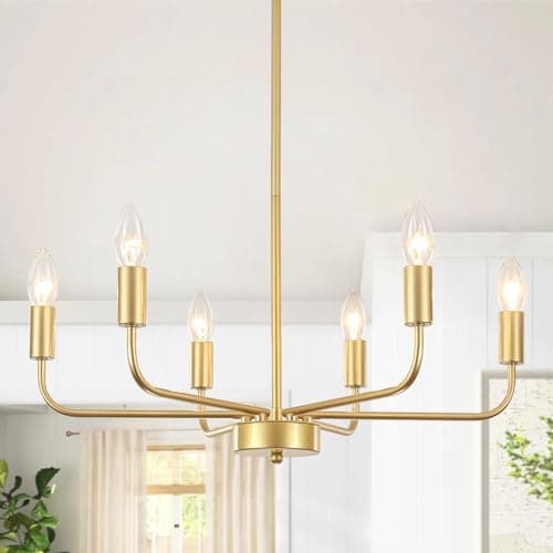 Image of LWYTJO Gold Chandelier 6 Lights, Modern Chandeliers Ceiling Lights Living Room, Gold Light Fitting Hanging Pendant Light for Dining Room Bedroom Hallway Foyer, Height Adjustable