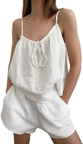 Image of ThiCc Women's Sleepwear Set with Built-in Bra – Y2K Cami Pajama Set Bow Tie U Neck Tank Top Elastic Waist Shorts Solid Colour Loungewear for Summer Night Bedroom Homewear (White,L)