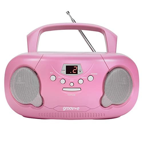 Image of Groov-e Original Boombox - Portable CD Player with Bluetooth, Radio, 3.5mm Aux Port, & Headphone Socket - LED Display, 2 x 1.2W Speakers - Battery or Mains Powered - Pink