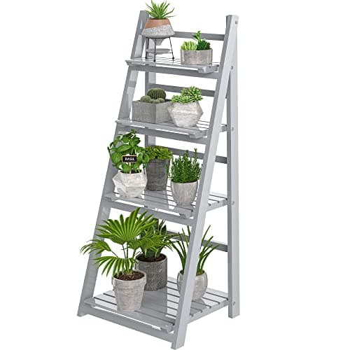 Image of HOMIDEC Plant Stand, 4 Tier Wooden Ladder Shelf Foldable Display Flower Plant Stands, Free Installation Plant Stands Indoor Corner Storage Shelves Bookshelf for Garden Balcony Living Room, Grey