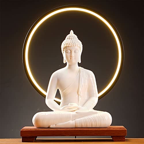 Image of Houlu 12 in White Buddha Statue and 15.74 in LED Circle Table Lamp, Indoor Ceramic Buddha Statues for Home Décor