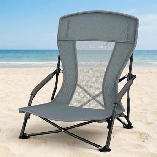 Image of CushSunr Folding Beach Chair, Low Lightweight Portable Camping & Fishing Chair with High Backrest & Carry Bag, Supports 120KG, Ideal for Travel Backpacking, Garden and Outdoor Adventures (Dark Grey)