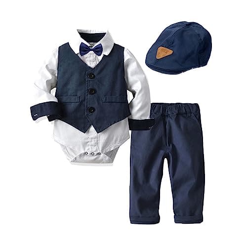 Image of Volunboy Baby Boys Gentleman Suit, Toddler Formal Waistcoat Outfit Wedding Shirts + Vest +Bow Tie 4 PCS Set(2-3 Years,Navy White,Tag Size 100)