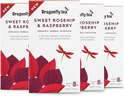 Image of Dragonfly Sweet Rosehip & Raspberry Tea, 4 x 20 Organic Tea Bags (80 Teabags), Delicate & Comforting Raspberry Leaf Tea Bags, Caffeine-Free Fruit Tea, Aromatic & Refreshing, Compostable TeaBags