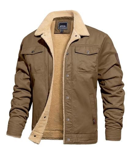 Image of TACVASEN Winter Jackets for Men Fleece Lined Trucker Jacket Cotton Sherpa Cargo Coat Warm Thick Tactical Military Combat Coat Khaki L