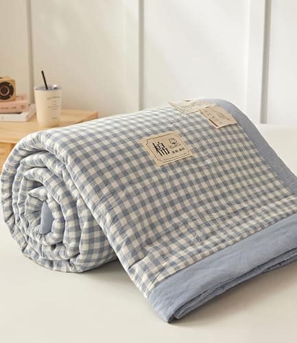 Image of DOTBUY-SHOP Cotton Quilted Bedspreads, Check Quilt Bed Throws Cotton Filling Duvet Super King Single Double Size Children's Bed Quilted Throw for All Season (Light Blue,150x200cm)
