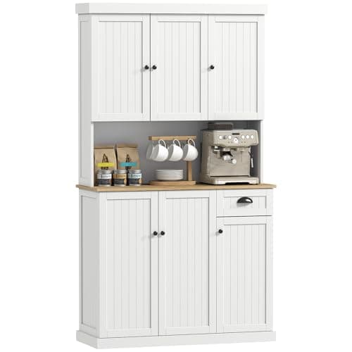 Image of HOMCOM 180cm Kitchen Cupboard with 6 Doors, 101cm Wide Modern Kitchen Storage Cabinet with Microwave Oven Countertop, Drawer, Adjustable Shelves and Cable Hole, White