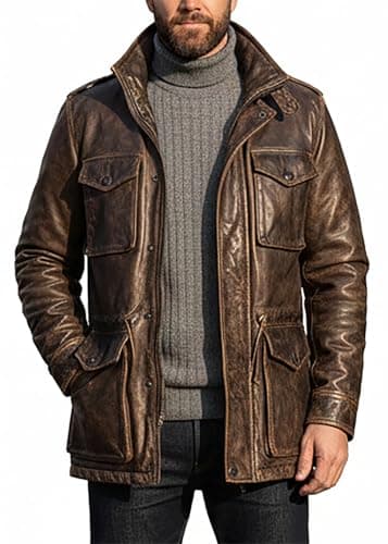 Image of Fancyd Men’s M-65 Genuine Leather Vintage Distressed Military Tactical Field Jacket