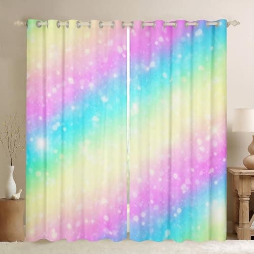 Image of Homemissing Rainbow 30%-50% Blackout Curtains Tie Dye Pastel Window Curtains Stars Glitter Darkening Drapes for Bedroom for Kids Colorful Stripes Bedspread C Room Decor (2 Panels,W66*L72)