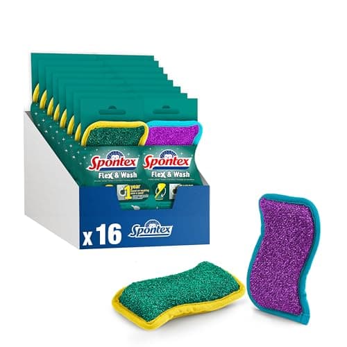 Image of Spontex Flex & Wash Reusable Washing Up Sponges | Dual Sided Microfibre Sponge for Wiping and Scrubbing | Cleaning Products for Kitchen, Bathroom & Home | 8 x 2 Pack (16 Total)