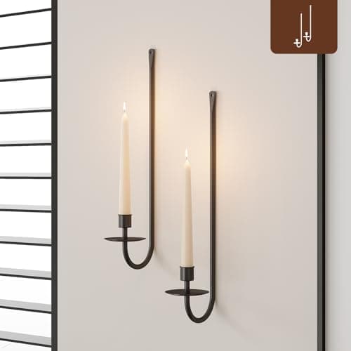 Image of Metal Wall Candle Sconce Holder Set of 2 Wall Mount Candle Holder Pillar Holder Black Modern Wall Candle Sconces Hanging for Living Room Farmhouse Fireplace Wedding