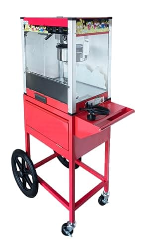 Image of Commercial 8oz Popcorn Machine with Cart, Red Steel Frame, Large Wheels