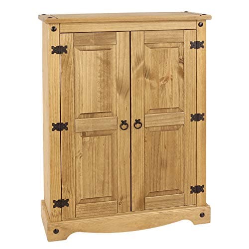 Image of Home Source Storage Cupboard, Solid Pine 2 Door Mexican Wood Cabinet, 2 Internal Shelves