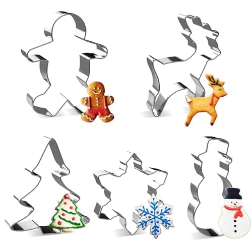 Image of Christmas Cookie Cutter Set - Joyoldelf 5 Piece Stainless Steel Snowflake, Christmas Tree, Reindeer, Gingerbread Boy, Snowman for Kids