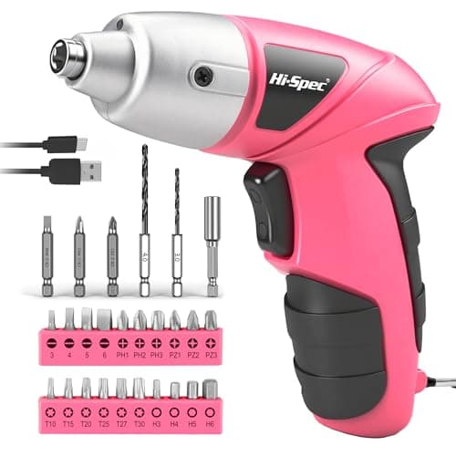 Image of Hi-Spec 27 Pc Electric Screwdriver Pink 3.6V with 23 Drill Bits Set, Rechargeable Battery, LED Light & Cordless Screwdriver – Ideal for Home, Office, DIY Projects & Women