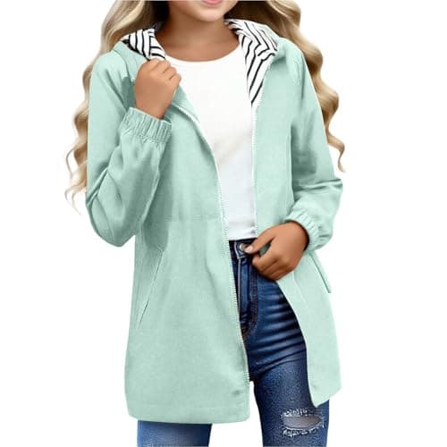 Image of YCBMINGCAN Girls Raincoat Kids Waterproof Jacket | Long Lightweight Windbreaker Parka with Hood | Teen Zip Up School Rain Coat with Pockets Casual Autumn Outerwear for Youth 5-16