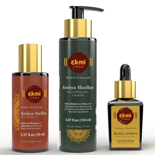 Image of EKMIVEDA Ayurvedic Herbs Hair Growth Kit - Amla, Bhringraj, Castor & Rosemary - Sulphate Free Thickening Product, 3 Pieces: Oil, Shampoo & Serum, 250 ml (8.45 oz Liq).