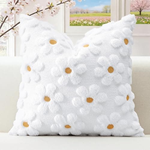 Image of Artscope Spring Summer Daisy Cushion Cover Set of 1 Flowers Throw Pillow Cover for Sofa 40x40cm Square Seasonal Soft Plush Short Wool Velvet Cushion Case Holiday Decor White