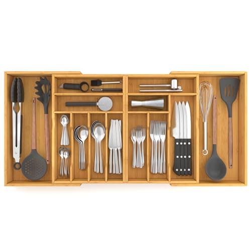 Image of Suli Large Silverware Drawer Organizer, Adjustable Kitchen Flatware for Forks Knives and Spoons, Bamboo Cutlery Utensil Holder, Expandable from 22in-37in, Natural Bamboo