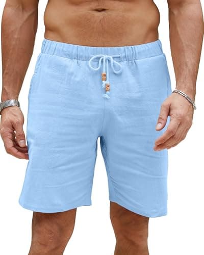 Image of LVCBL Men's Linen Summer Shorts Casual Loose Fit Elastic Wasit Light Blue M