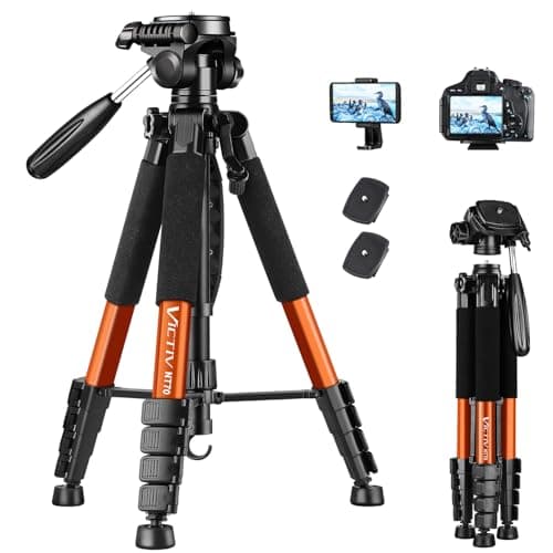 Image of Victiv 182 cm Aluminium Camera Tripod, Lightweight and Compact Travel Tripod for DSLR with 3-Way Swivel, 360° Panoramic Ball Head and Phone Holder, Can Be Used for YouTube, Vlog and Video Conferencing