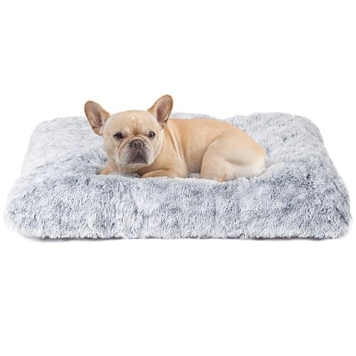 Image of EHEYCIGA Calming Dog Bed Medium, Fluffy Anti Anxiety Washable Cushion Bed for Crate, Dog Mat Mattress with Anti-Slip Bottom, Grey, 75x50x7.5cm
