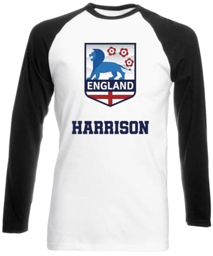 Image of Hippowarehouse Personalised England Football Fan Unisex Long Sleeve Baseball Two Tone t-Shirt White
